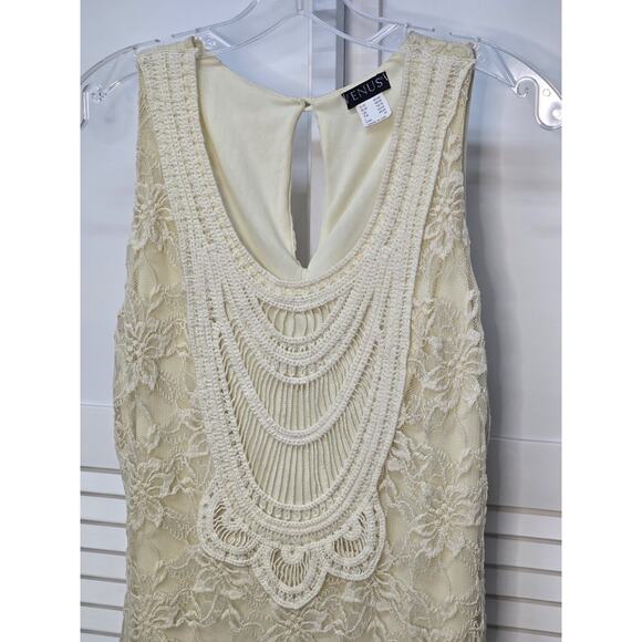 NEW VENUS CROCHET LINED BOHO SCOOP NECK MINI IVORY SLEEVELESS DRESS SIZE M - Picture 5 of 8